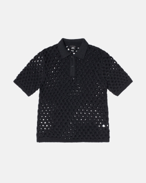 Black Stussy Big Mesh Polo Sweater | QPIFZ-3607