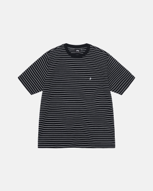 Black Stussy Pin Striped Ss Crew | DZLBA-7582