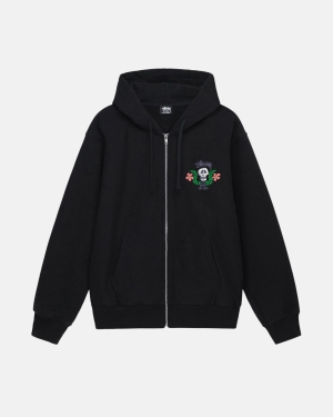 Black Stussy Skull Crest Zip Hoodie | JQNUE-9356