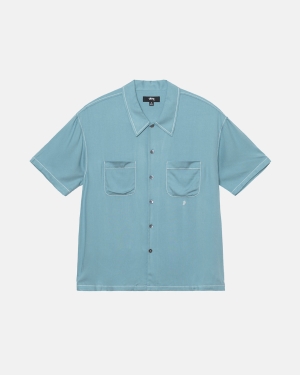 Blue Stussy Contrast Pick Stitched Shirt | MEHSO-9623