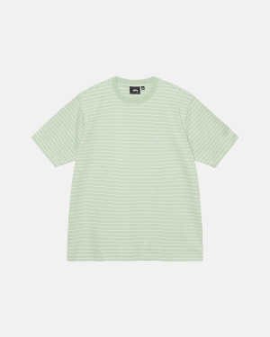 Green Stussy Pin Striped Ss Crew | YIXEM-0751