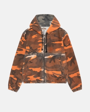 Orange Camo Stussy Spray Dye Hooded Work Jacket | VPLKG-1675