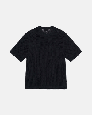 Solid Black Stussy O'dyed Heavyweight Mesh Crew | GKDCE-9850